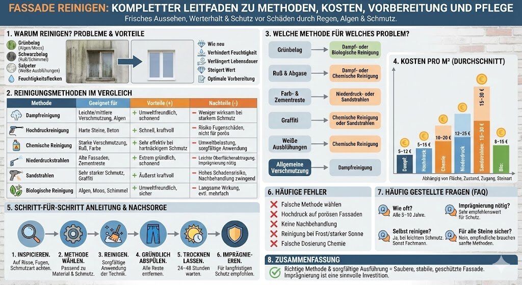 Fassade reinigen: kompletter Leitfaden zu Methoden, Kosten und Pflege